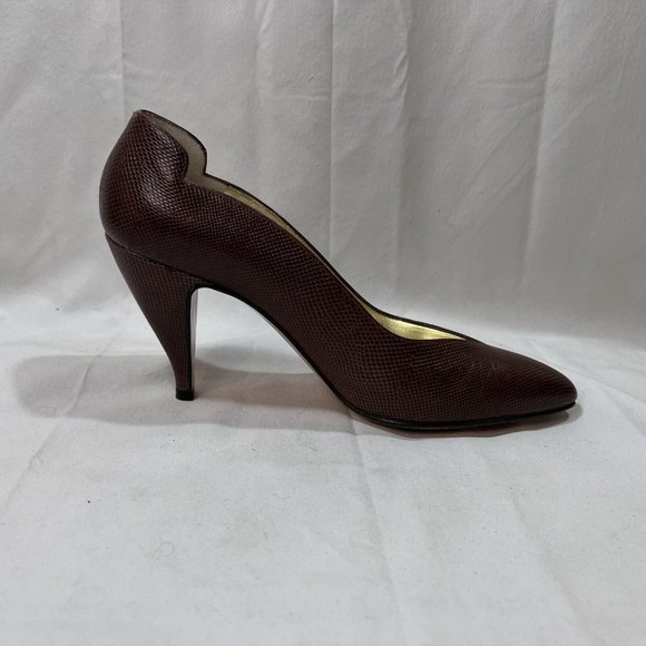 Vintage Walter Steiger Heels Pumps Sz 7.5 AA Brown Embossed Leather Handmade Ita - Picture 6 of 14